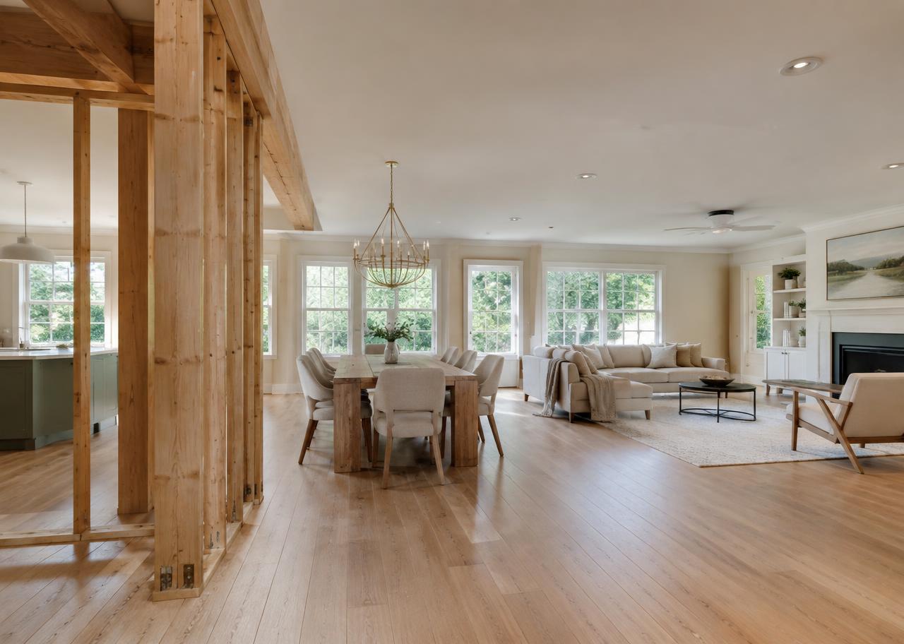 Open-plan interior renovation with exposed framing detail